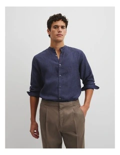Regular Fit Delave Linen Standard Collar Shirt in Navy