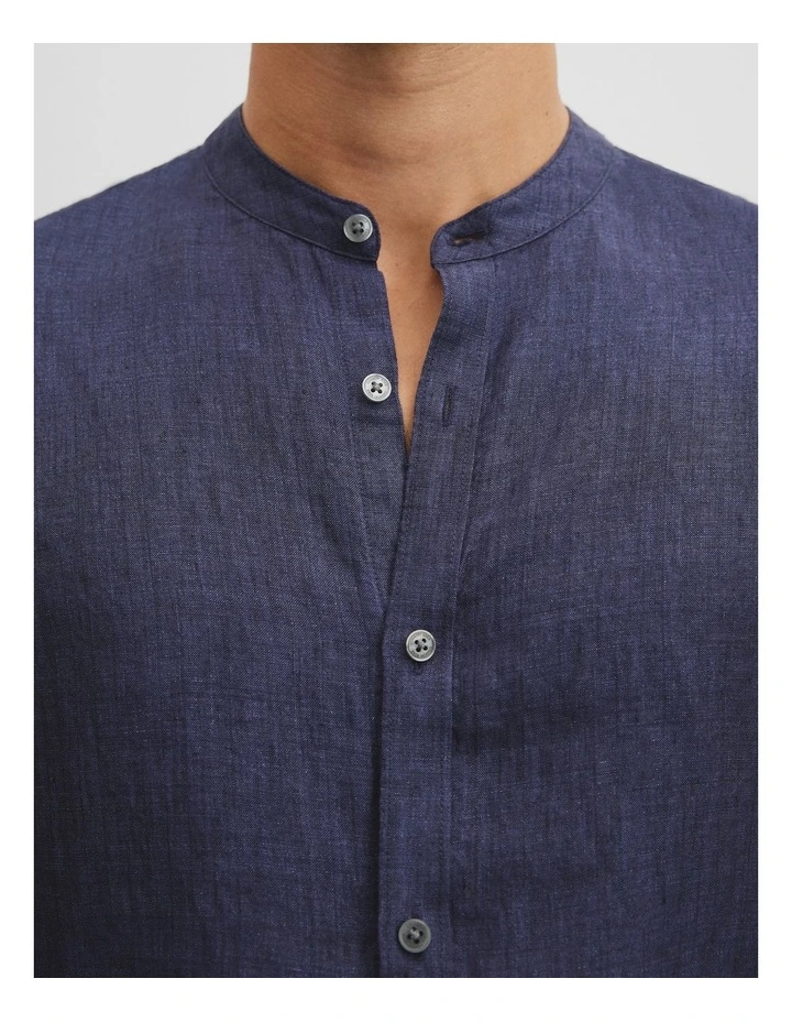 Regular Fit Delave Linen Standard Collar Shirt in Navy image 3