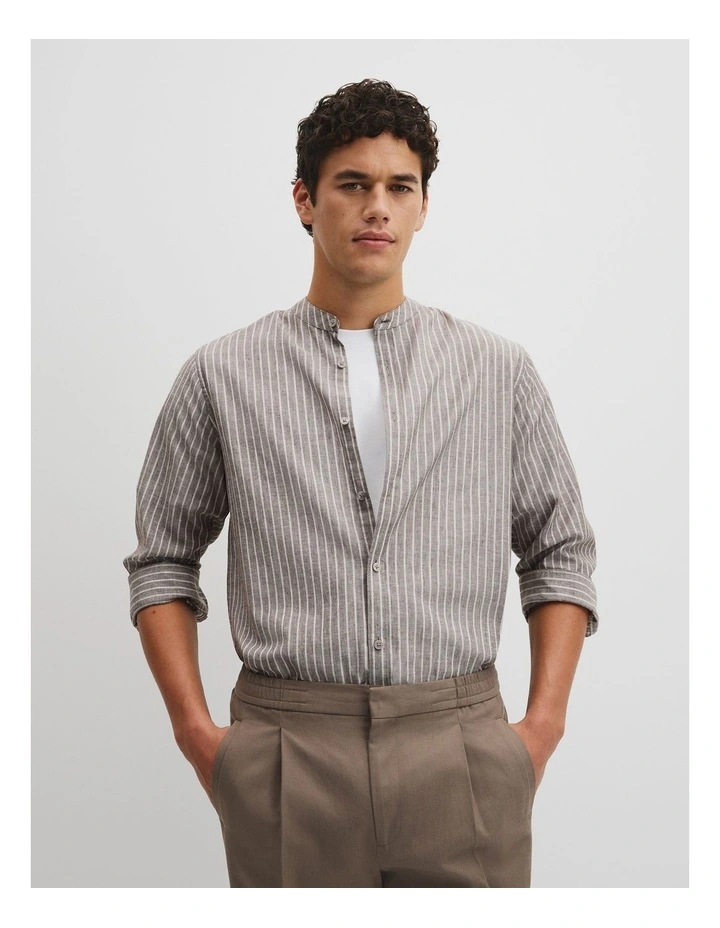 Regular Fit Cotton Linen Standard Collar Shirt in Fudge image 1