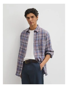 Regular Fit Linen Check Shirt in Navy Multi