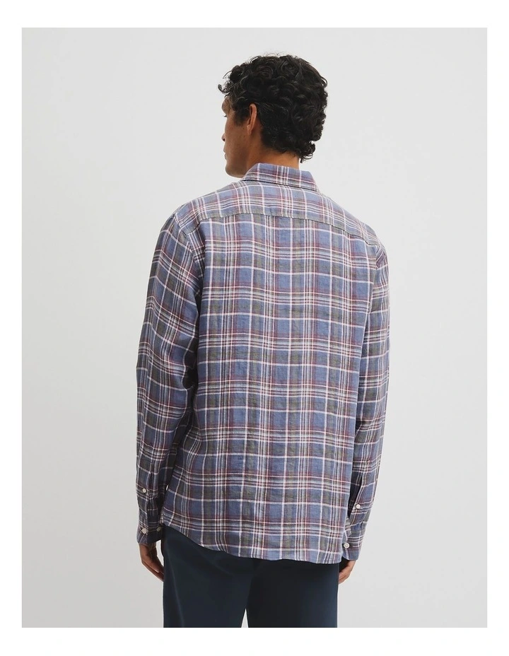 Regular Fit Linen Check Shirt in Navy Multi image 5