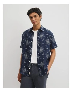 Regular Fit Linen Coastline Print Shirt in Navy
