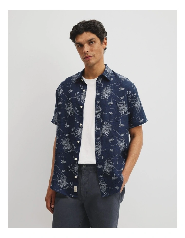 Regular Fit Linen Coastline Print Shirt in Navy image 1