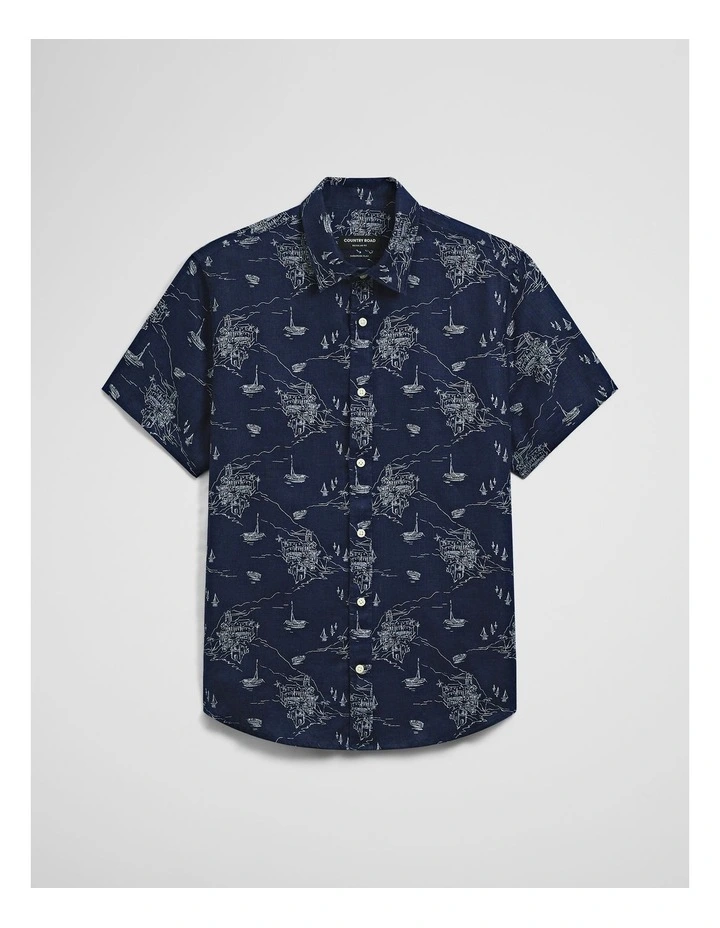 Regular Fit Linen Coastline Print Shirt in Navy image 2