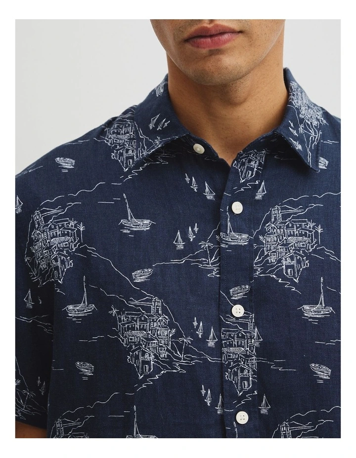 Regular Fit Linen Coastline Print Shirt in Navy image 3