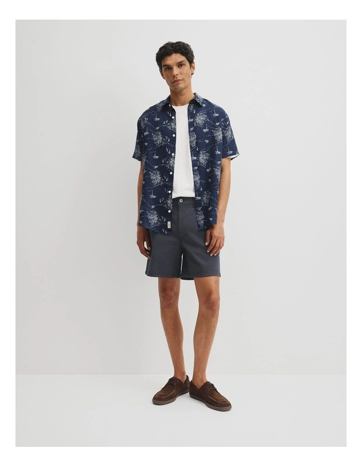 Regular Fit Linen Coastline Print Shirt in Navy image 4