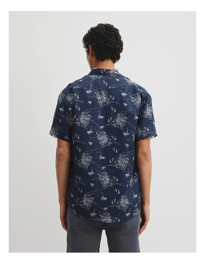 Regular Fit Linen Coastline Print Shirt in Navy image 5