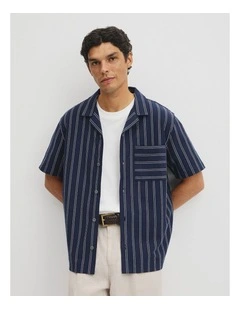 Textured Stripe Cuban Shirt in Navy