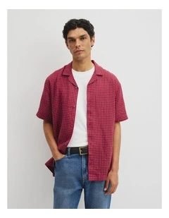Relaxed Fit Short Sleeve Linen Blend Check Shirt in Red Gum