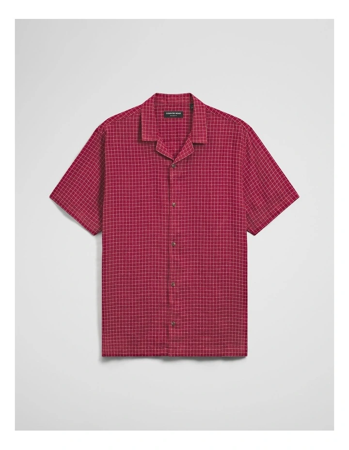 Relaxed Fit Short Sleeve Linen Blend Check Shirt in Red Gum image 2
