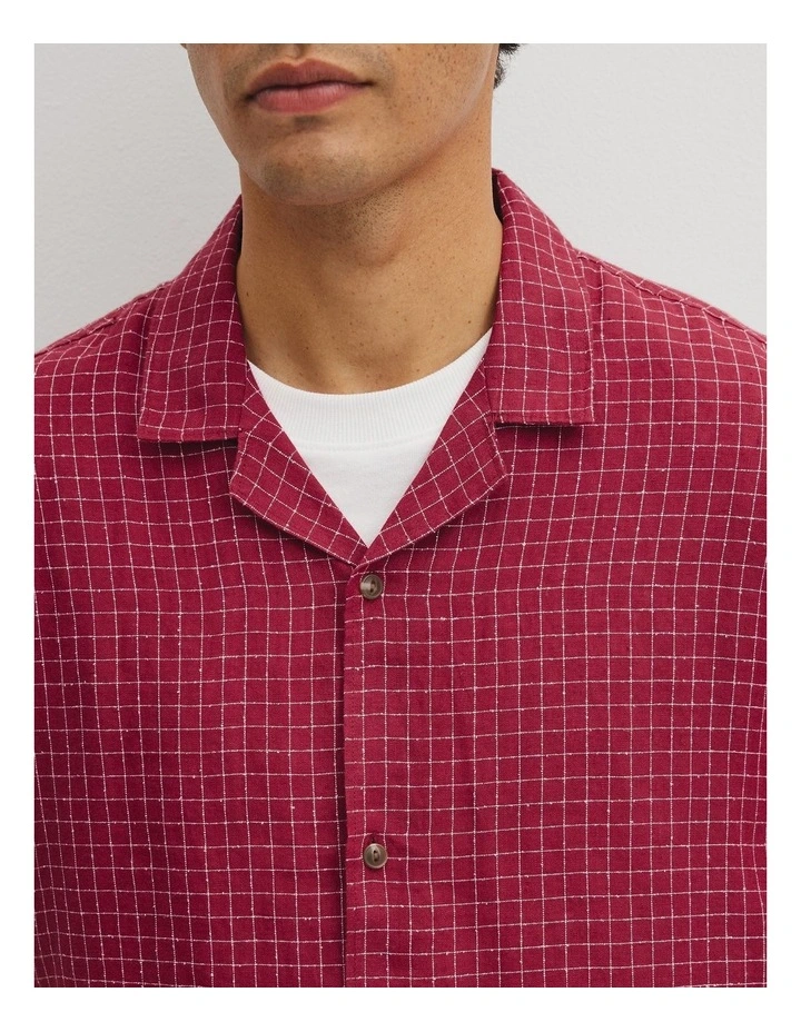 Relaxed Fit Short Sleeve Linen Blend Check Shirt in Red Gum image 3