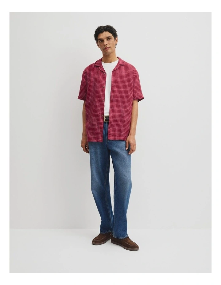 Relaxed Fit Short Sleeve Linen Blend Check Shirt in Red Gum image 4