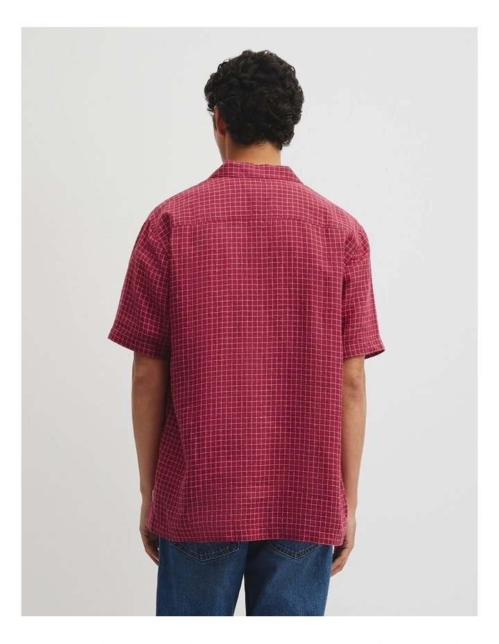 Relaxed Fit Short Sleeve Linen Blend Check Shirt in Red Gum image 5