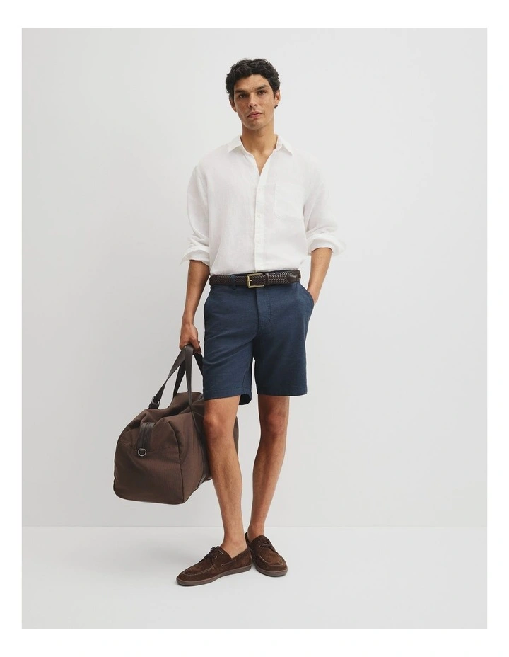 Cotton Linen Stretch Textured Short in Navy image 1