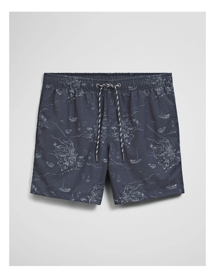 Coastline Print Swim Straight Short in Navy image 2