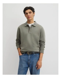 Long Sleeve Button Collar Sweat in Dark Sage