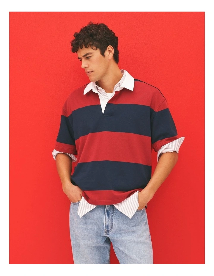 Short Sleeve Australian Cotton Stripe Rugby Polo in Navy Multi image 2