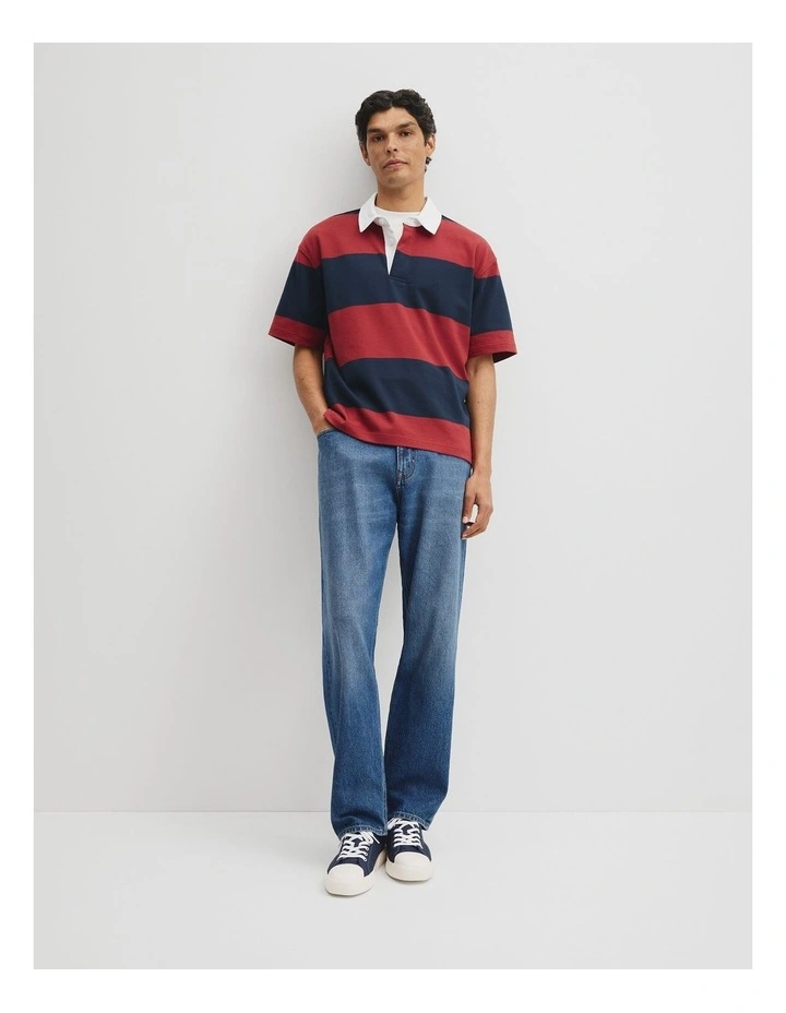 Short Sleeve Australian Cotton Stripe Rugby Polo in Navy Multi image 5
