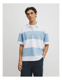 Short Sleeve Australian Cotton Stripe Rugby Polo in Light Blue Multi