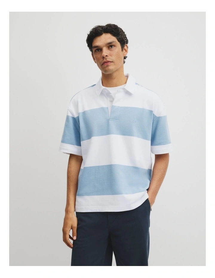 Short Sleeve Australian Cotton Stripe Rugby Polo in Light Blue Multi image 1