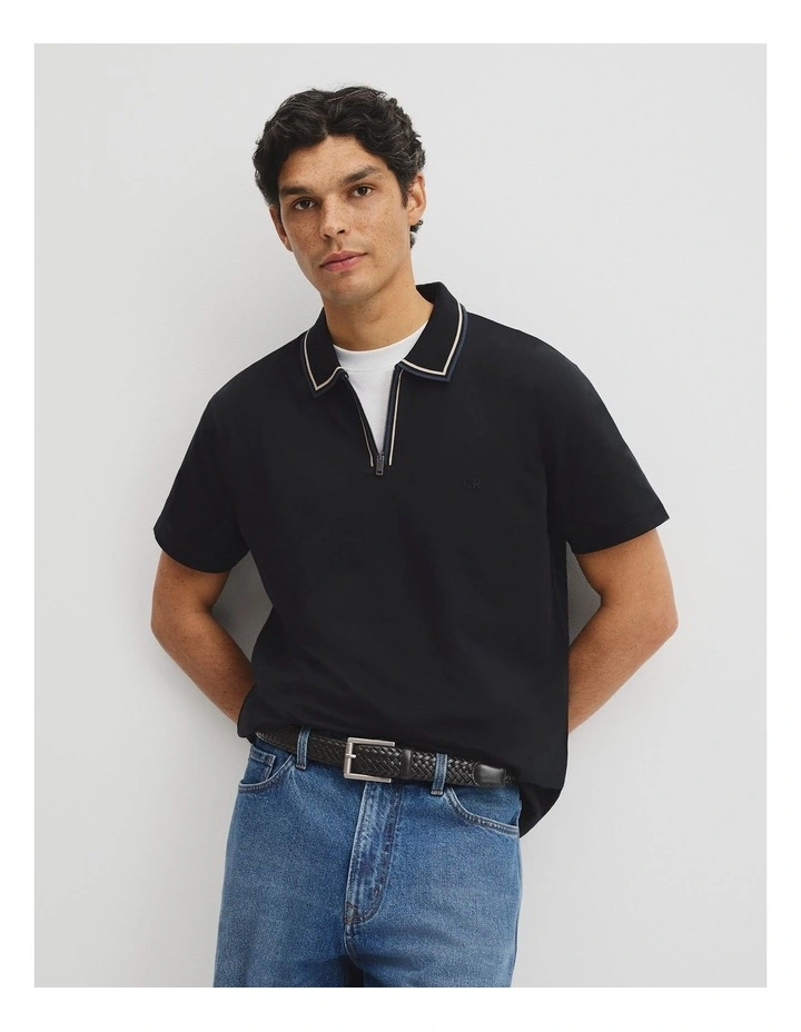 Short Sleeve Tipped Zip Polo in Black image 1