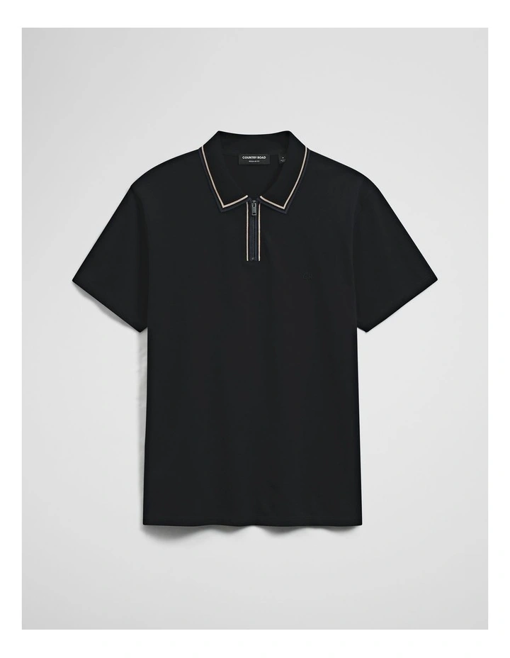 Short Sleeve Tipped Zip Polo in Black image 2