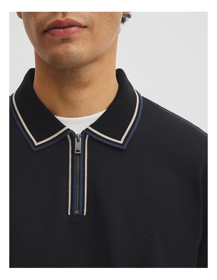 Short Sleeve Tipped Zip Polo in Black image 3