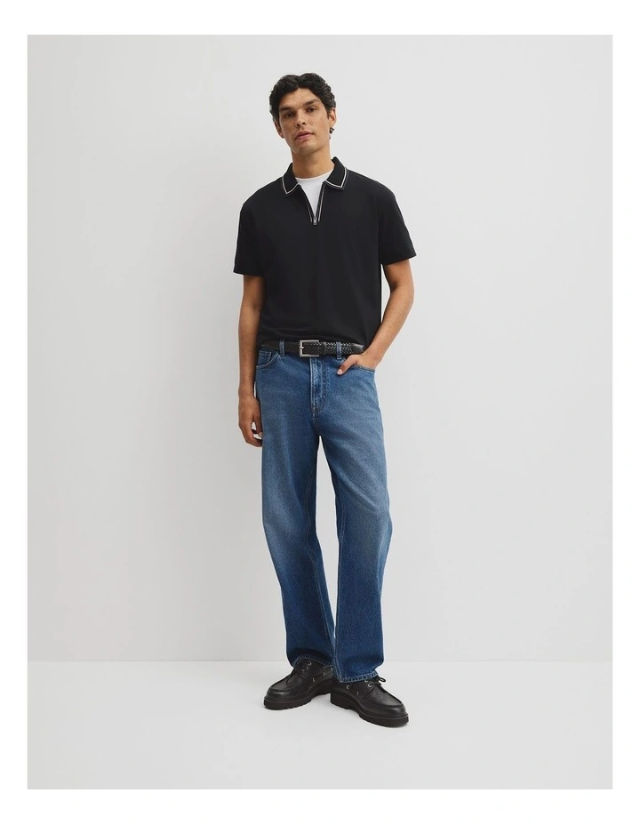 Short Sleeve Tipped Zip Polo in Black image 4