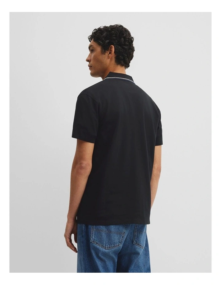 Short Sleeve Tipped Zip Polo in Black image 5