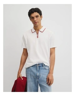 Short Sleeve Tipped Zip Polo in White