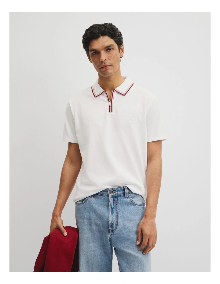 Short Sleeve Tipped Zip Polo in White image 1