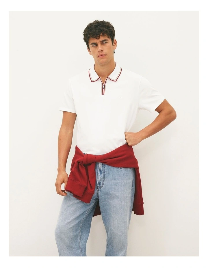 Short Sleeve Tipped Zip Polo in White image 2