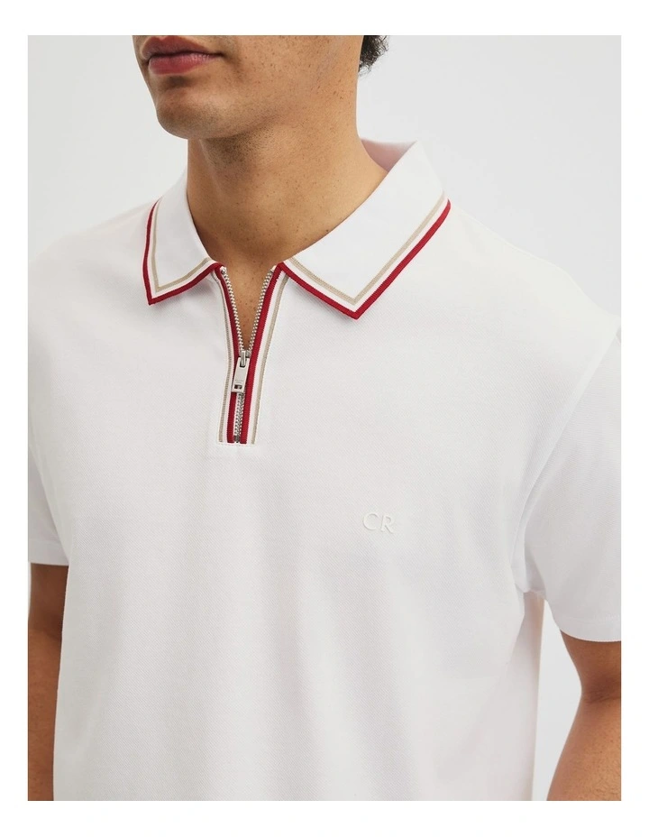 Short Sleeve Tipped Zip Polo in White image 4