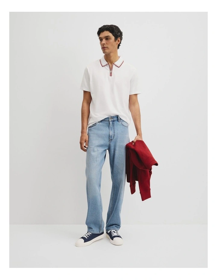 Short Sleeve Tipped Zip Polo in White image 5