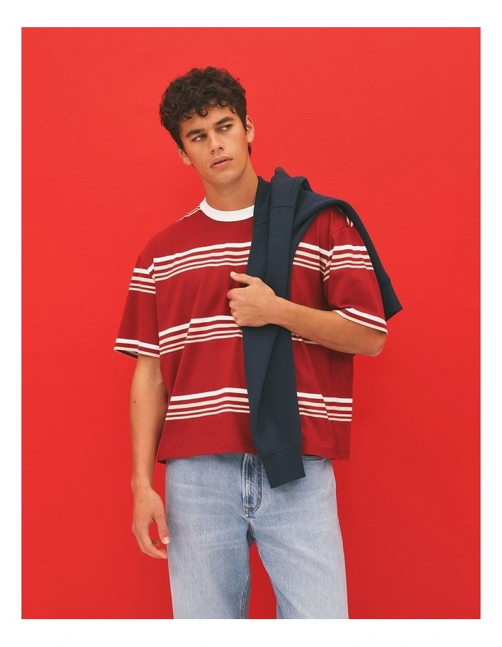 Short Sleeve Boxy Stripe T-shirt in Red Stripe image 2