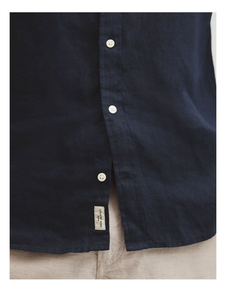 Regular Fit Short Sleeve Linen Shirt in Navy image 3