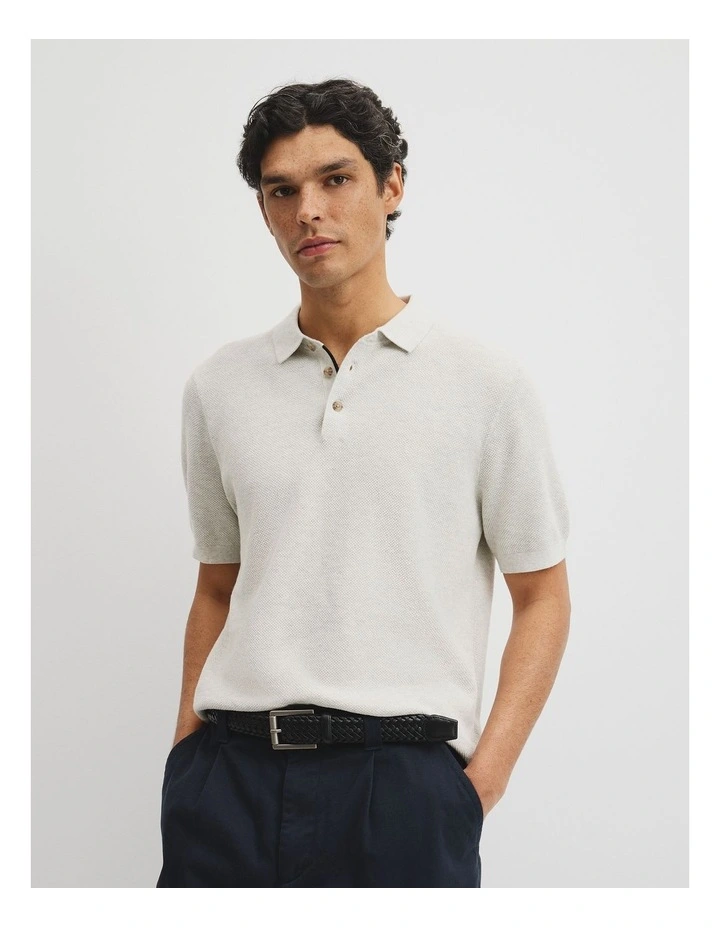 Short Sleeve Australian Good Earth Cotton Pique Knit Polo in Light Grey Marle image 1