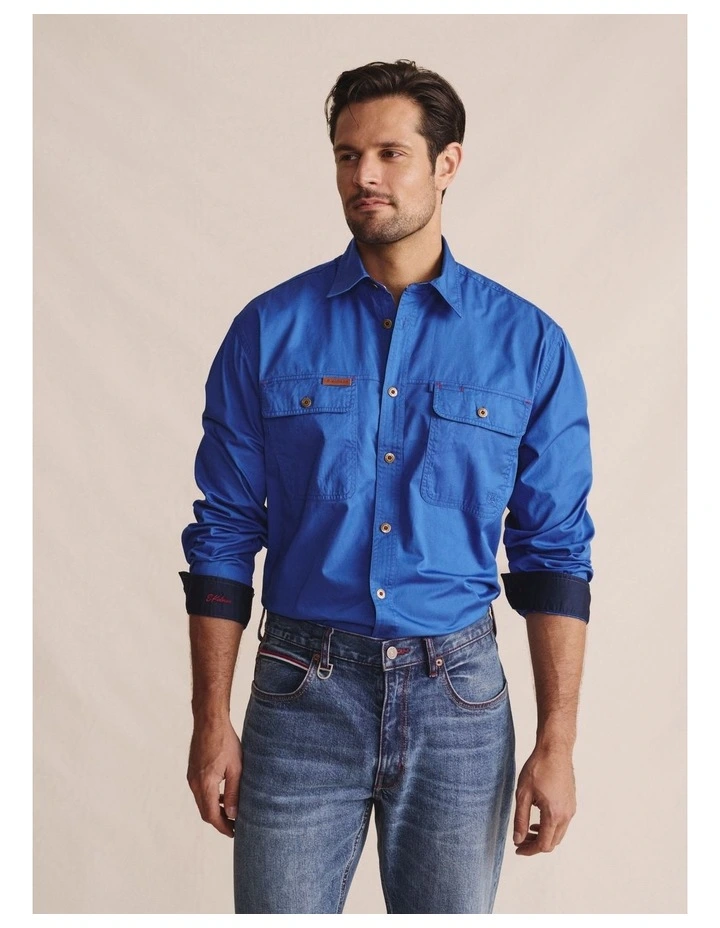 Armstrong Full Placket Work Shirt in Mid Blue image 1