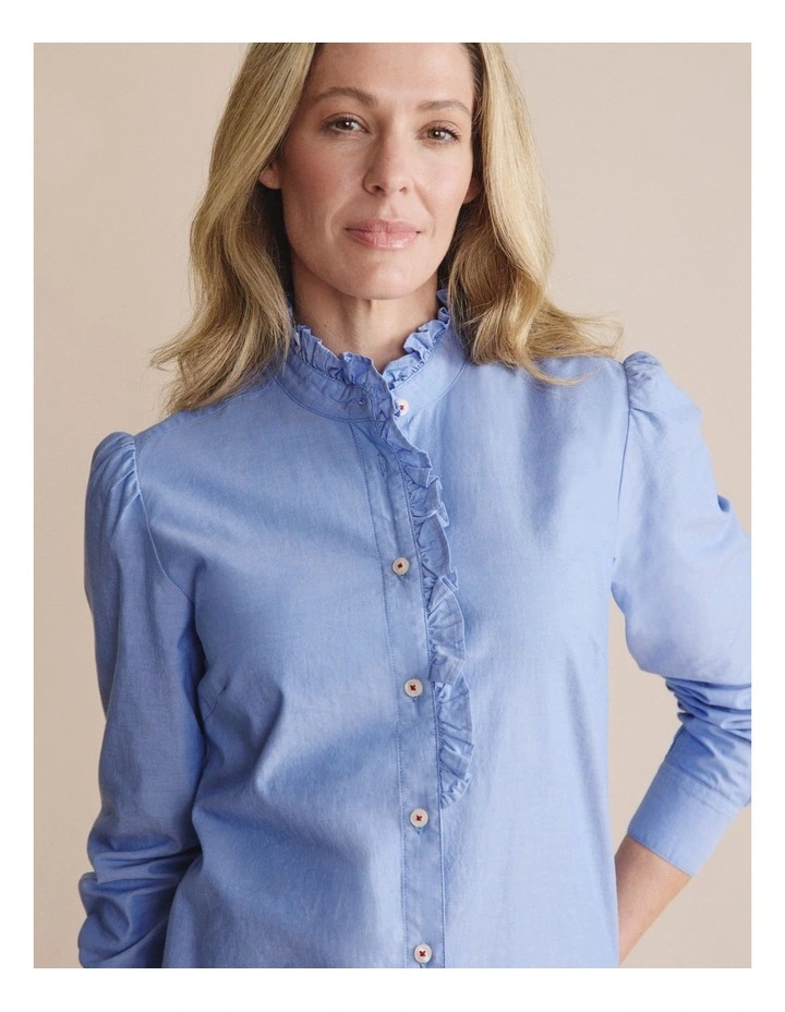 Henty Chambry Frill Neck Shirt 1SHW00247 in Blue image 3