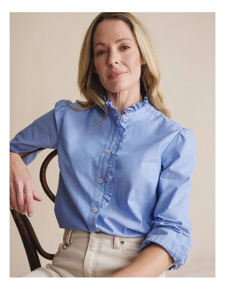 Henty Chambry Frill Neck Shirt 1SHW00247 in Blue image 5