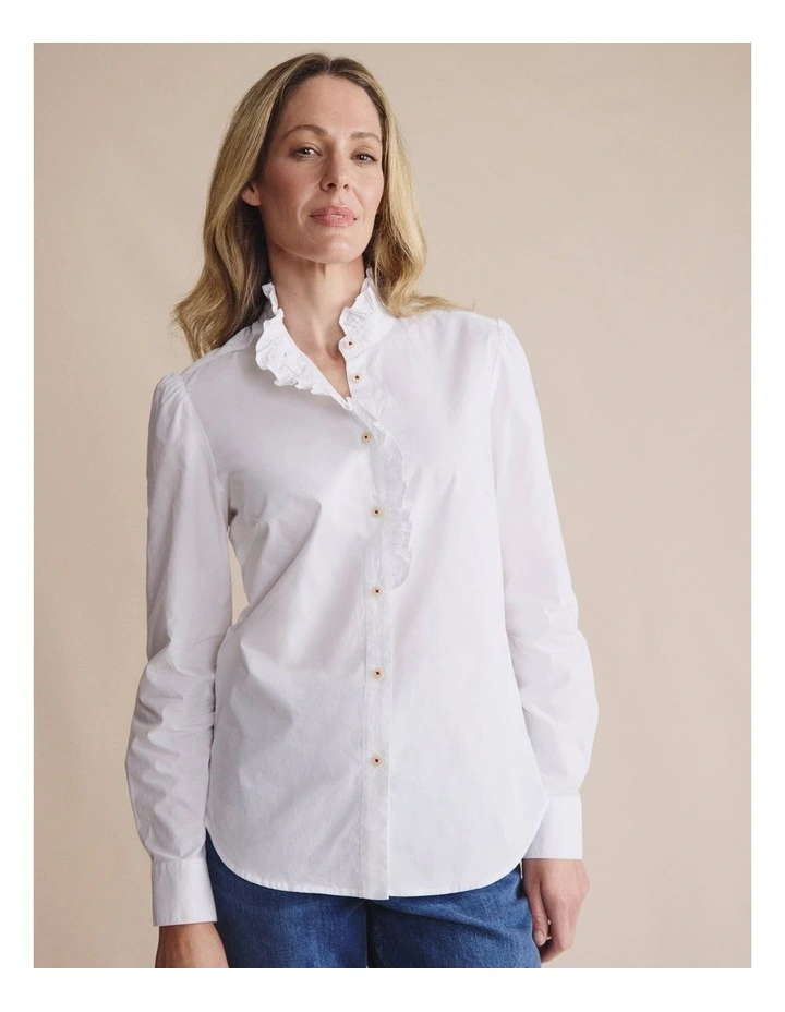 Henty Poplin Frill Neck Shirt 1SHW00246 in White image 1