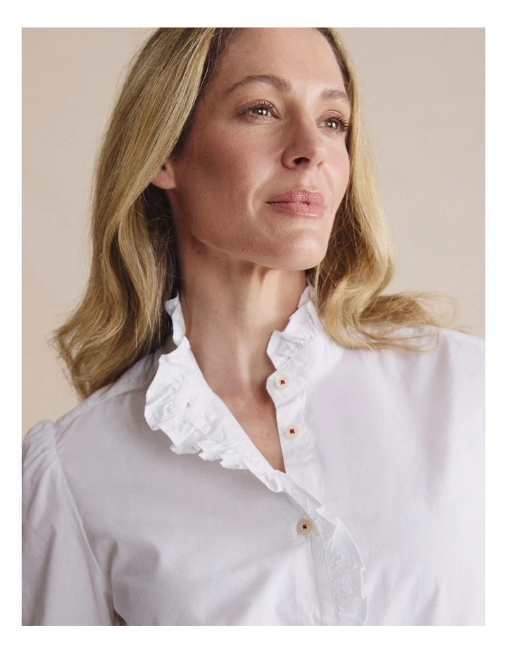 Henty Poplin Frill Neck Shirt 1SHW00246 in White image 4