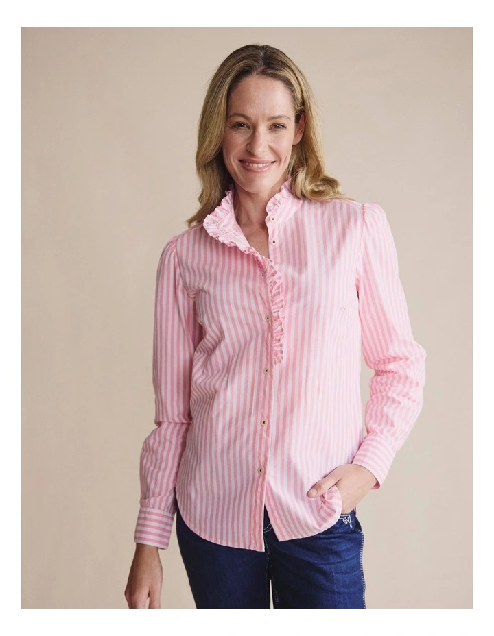 Henty Striped Frill Neck Shirt 1SHW00277 in Pink image 1