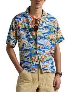 Classic Fit Beach-Print Camp Shirt in Multi