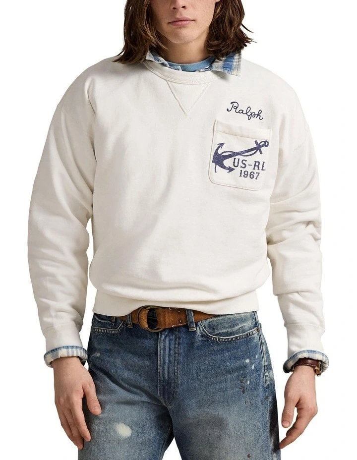 Vintage Fit Fleece Graphic Sweat Shirt in White image 1