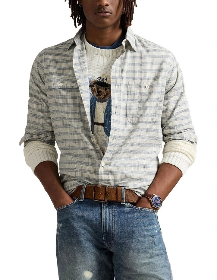 Classic Fit Plaid Workshirt in Beige image 1