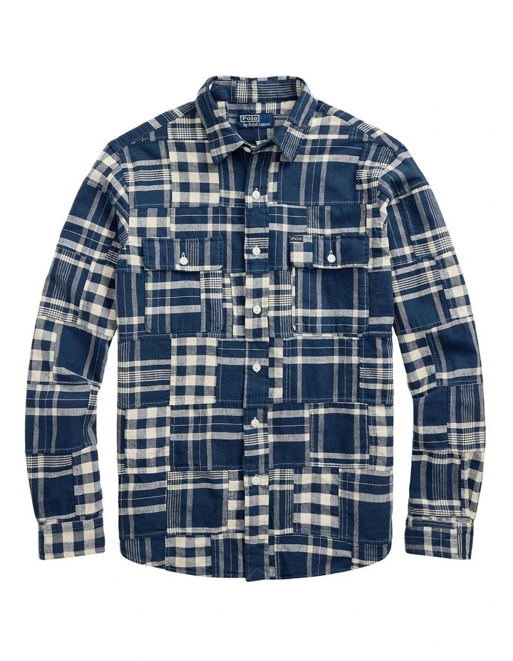 Classic Fit Patchwork Workshirt in Blue image 4