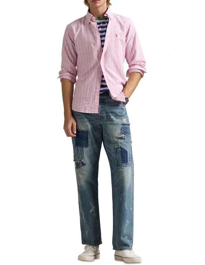 Classic Fit Striped Oxford Shirt in Pink image 3