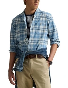 Classic Fit Indigo Plaid Camp Shirt in Blue