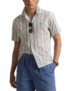 Classic Fit Striped Chambray Camp Shirt in Natural